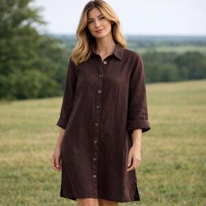 Apostrophe 100% Linen Button Front Shirt Dress Size 12 Brown